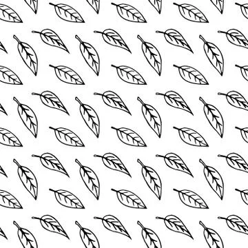 Seamless pattern of contoured leaves isolated on white background, black outl Stock Illustration