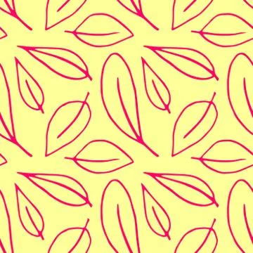 Seamless pattern of contoured leaves isolated on yellow background, red outli Stock Illustration