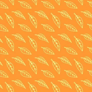 Seamless pattern of contoured leaves isolated on orange background, white out Stock Illustration