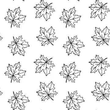 Seamless pattern of contoured maple leaves isolated on a white background. Si Illustrazione stock