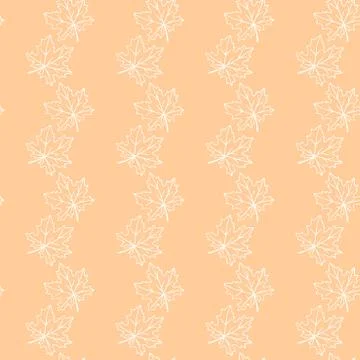 Seamless pattern of contoured maple leaves isolated on orange background. Sim 스톡 일러스트