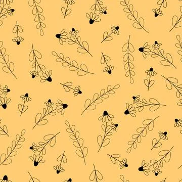 Seamless pattern with contours of chamomile and twigs on a yellow background Stock Illustration