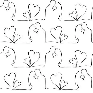 Seamless pattern with contours of hearts and couples in love on a white Stock Illustration