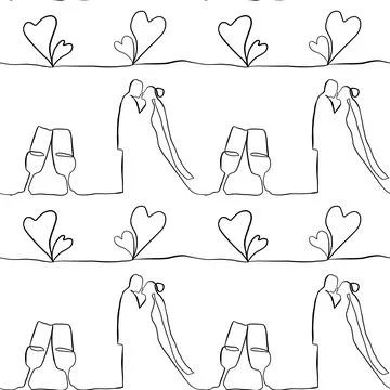 Seamless pattern with contours of hearts and couples in love on a white Stock Illustration