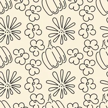 Seamless pattern. The contours of the pumpkin and flowers. The autumn theme.  Stock Illustration