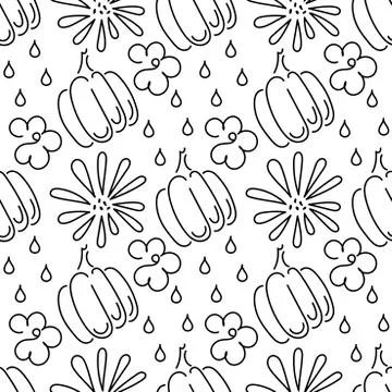 Seamless pattern. The contours of the pumpkin and flowers. The autumn theme Stock Illustration