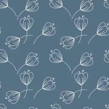 Seamless pattern. Contours of simple flowers with stem. Vector Hand drawing,  Stockillustratie
