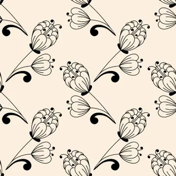 Seamless pattern. Contours of simple flowers and buds . Vector Hand drawing,  Stock Illustration