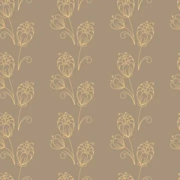 Seamless pattern. Contours of simple flowers and buds . Vector Hand drawing Stock Illustration