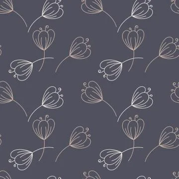Seamless pattern. Contours of simple flowers with stem. Vector Hand drawing Stock Illustration
