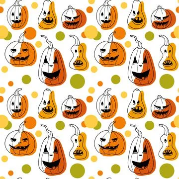 Seamless pattern contur and spot drawings, halloween pumkin Stock Illustration