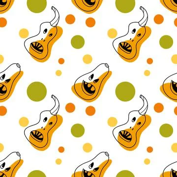 Seamless pattern contur and spot drawings, halloween pumkin Stock Illustration