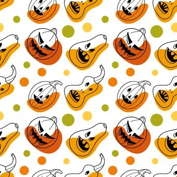 Seamless pattern contur and spot drawings, halloween pumkin 库存插图