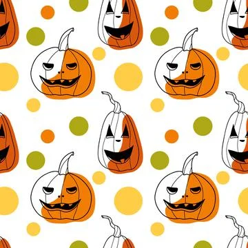 Seamless pattern contur and spot drawings, halloween pumkin Stock Illustration