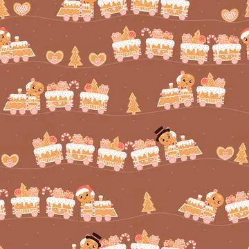 Seamless pattern with cookie train with christmas presents and tree and ginge Stock Illustration