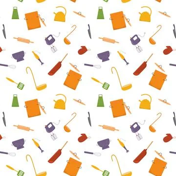 Seamless pattern cooking with kitchen tools, cookware. Vector stock illustration Stock Illustration