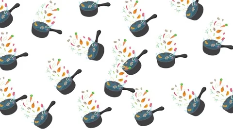Seamless pattern of cooking pots with fresh vegetables flying in the air Stock Footage 345539053