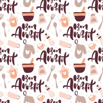 Seamless pattern with cooking tools and calligraphy text Bon Appetit. Backdrop Stockillustratie