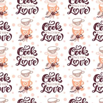 Seamless pattern with cooking tools and calligraphy text Cook with love Illustrazione stock