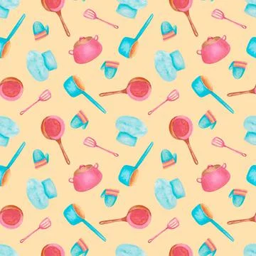 A seamless pattern with cooking utensils and kitchenware on beige background. Stock Illustration