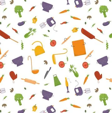 Seamless pattern cooking with vegetables and kitchen tools, cookware. Vector イラスト素材