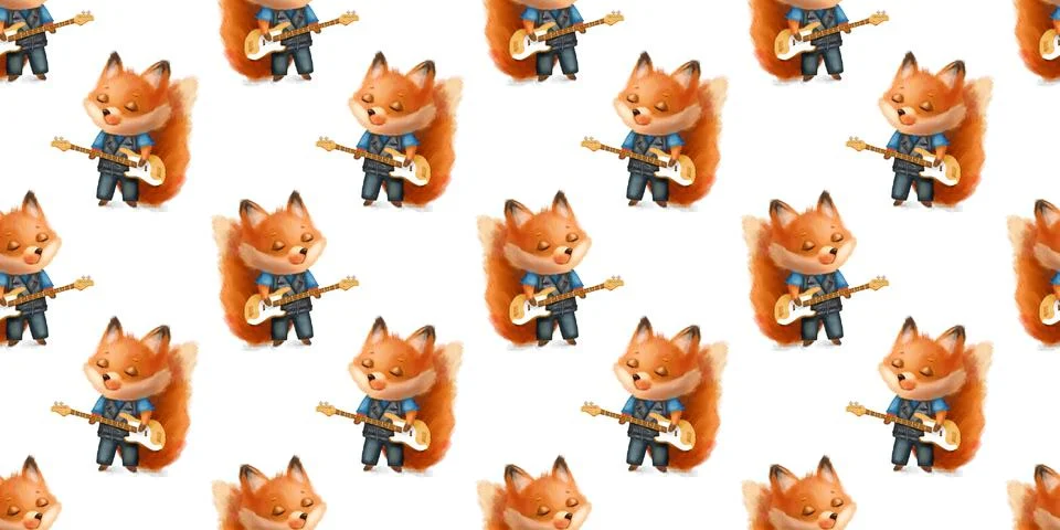 Seamless pattern with cool animal fox with guitar. Childish hand drawn Stock Illustration