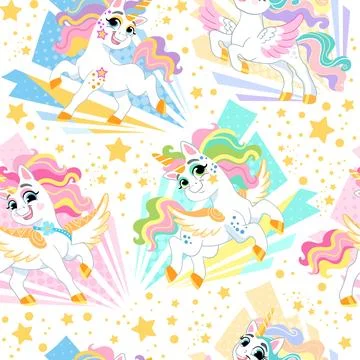 Seamless pattern cool cartoon white unicorns and stars vector illustration Illustrazione stock