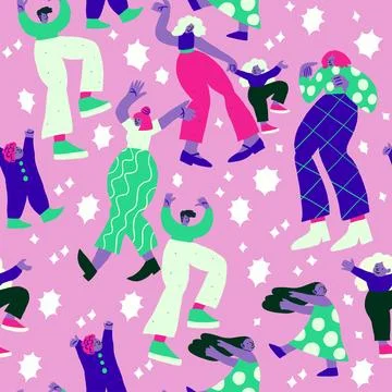 Seamless pattern with cool colorful people doodles with stars on pink. Colorful Illustrazione stock