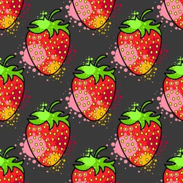 Seamless Pattern Cool Cute Colorful Healthy Fruit Strawberry . Stock Illustration