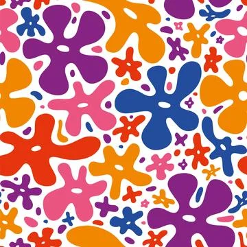 Seamless pattern with cool groovy flowers, liquid shapes, cartoon style. Fu.. Stock Illustration