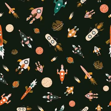 Seamless pattern with cool rockets and meteor elements on black nights. Stock Illustration