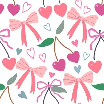 Seamless pattern with coquette cherry and bows. Hart-shaped berries with ri.. Stock Illustration