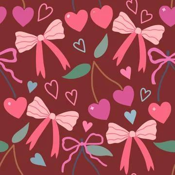 Seamless pattern with coquette cherry and bows. Hart-shaped berries with ri.. Stock Illustration
