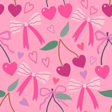 Seamless pattern with coquette cherry and bows. Hart-shaped berries with ri.. Stock Illustration