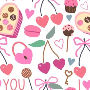 Seamless pattern with coquette cherry and bows. Heart-shaped berries with r.. Stock Illustration