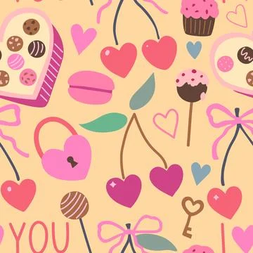 Seamless pattern with coquette cherry and bows. Heart-shaped berries with r.. Stock Illustration