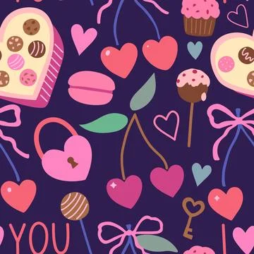 Seamless pattern with coquette cherry and bows. Heart-shaped berries with r.. Stock Illustration