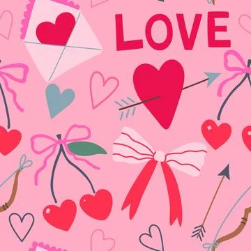 Seamless pattern with coquette cherry and bows. Heart-shaped berries with r.. Stock Illustration