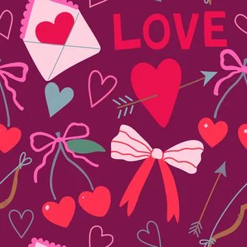 Seamless pattern with coquette cherry and bows. Heart-shaped berries with r.. Stock Illustration