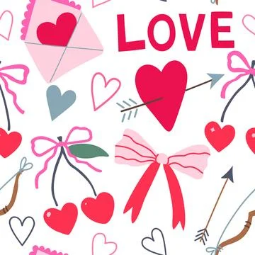 Seamless pattern with coquette cherry and bows. Heart-shaped berries with r.. Stock Illustration