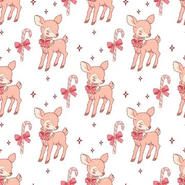 Seamless Pattern with Coquette Christmas Deer and Candy Canes Illustrazione stock
