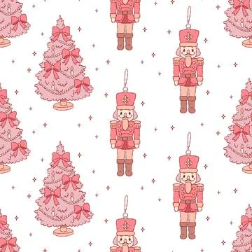 Seamless Pattern with Coquette Christmas Tree and Nutcracker 스톡 일러스트