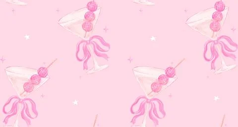 Seamless Pattern Coquette Disco Ball Martini Glass with Pink Ribbon Bow Wat.. Stockillustratie