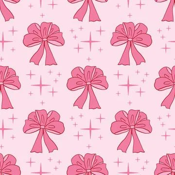 Seamless pattern in coquette hand-drawn style with pink background, ribbon .. Stock Illustration