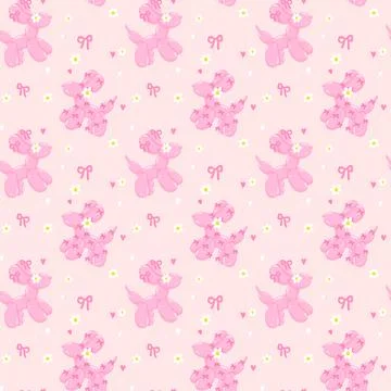 Seamless Pattern Coquette Pink Balloon Dog with bow in Vibrant Pastel isola.. Illustrazione stock