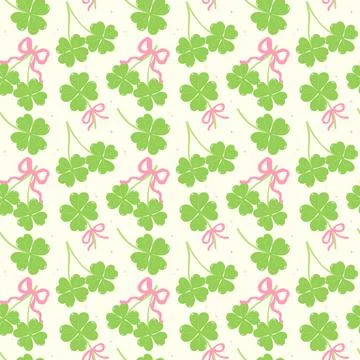 Seamless Pattern Coquette St Patricks Day 4 Leaf Clover with Ribbon Bow Iso.. Stock Illustration