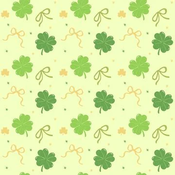 Seamless Pattern Coquette St Patricks Day four Leaf Clover with Bow Retro w.. Stock Illustration