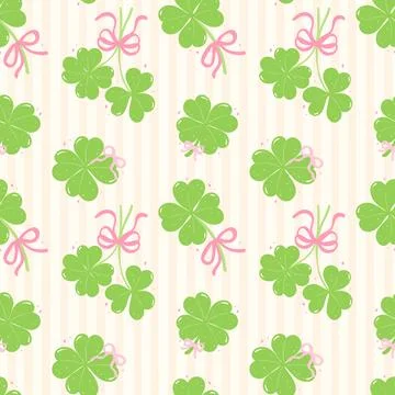Seamless Pattern Coquette St Patricks Day four Leaf Clover with Ribbon Bow .. Illustrazione stock