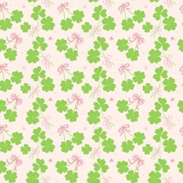 Seamless Pattern Coquette St Patricks Day Lucky  four Leaf Clover with Ribb.. Illustrazione stock