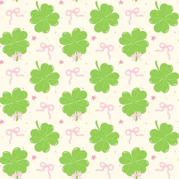 Seamless Pattern Coquette St Patricks Day Lucky four Leaf Clover with Ribbo.. Illustrazione stock